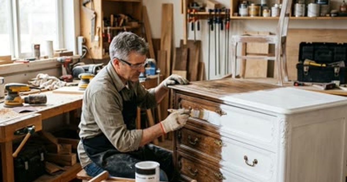 Carpintero aplicando acabado blanco a una cómoda de madera en el taller