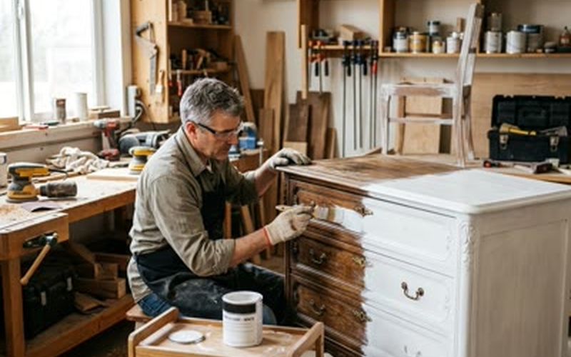 Carpintero aplicando acabado blanco a una cómoda de madera en el taller