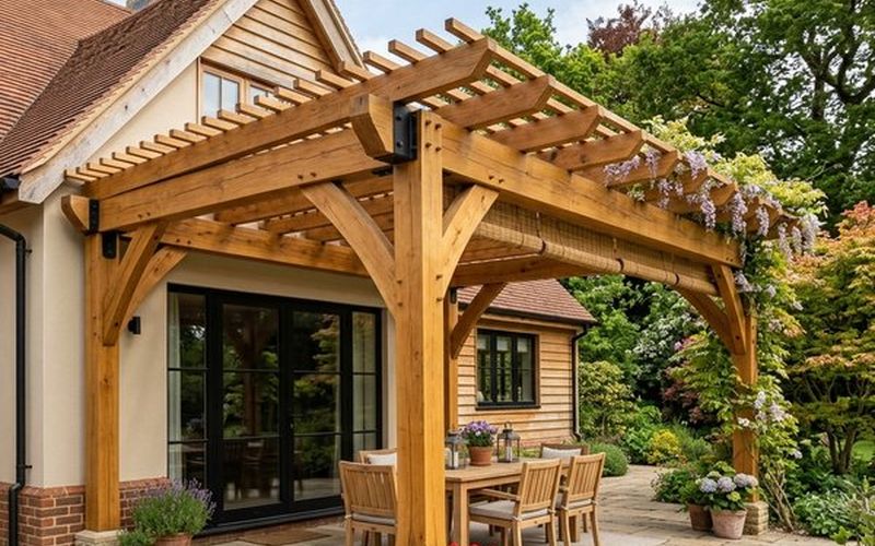 Pérgola de madera tratada sobre un patio con mesa de exterior
