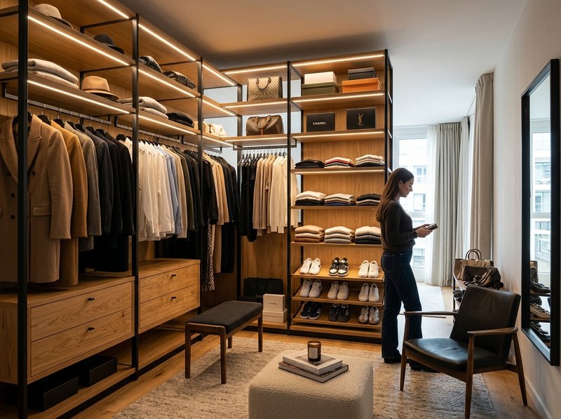 Vestidor abierto con módulos de metal y madera en Ágreda