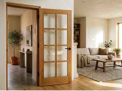 Puerta vidriera de madera con cristal templado en vivienda de Soria