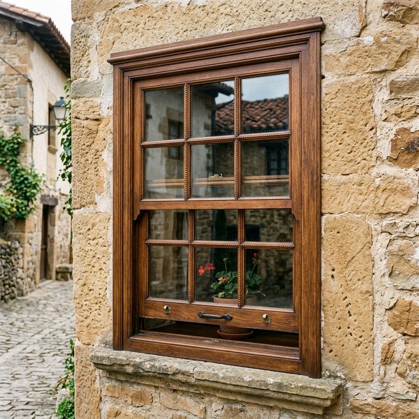 Ventana de guillotina de madera de estilo tradicional en casa rehabilitada