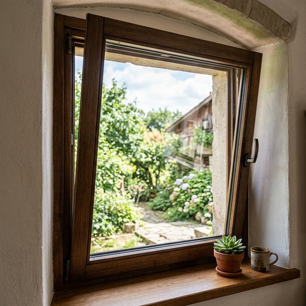 Ventana oscilobatiente de madera de roble con herrajes de doble apertura