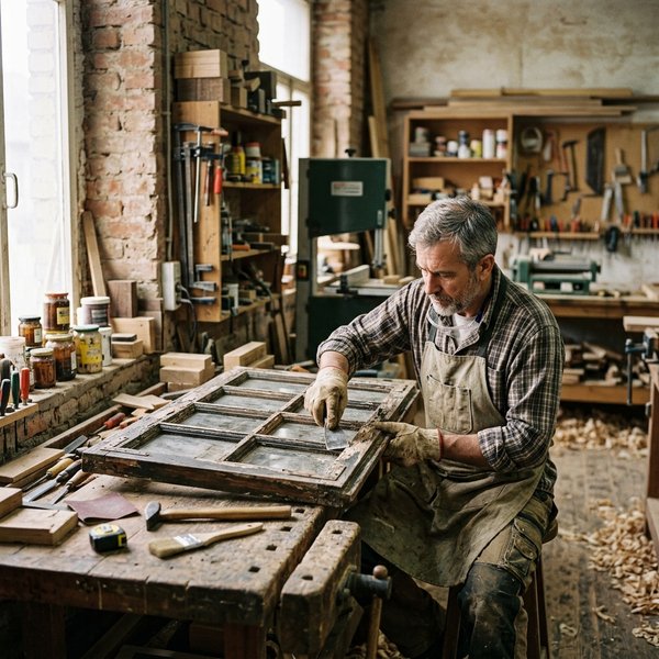 Restauración de ventana de madera antigua mediante lijado y barnizado
