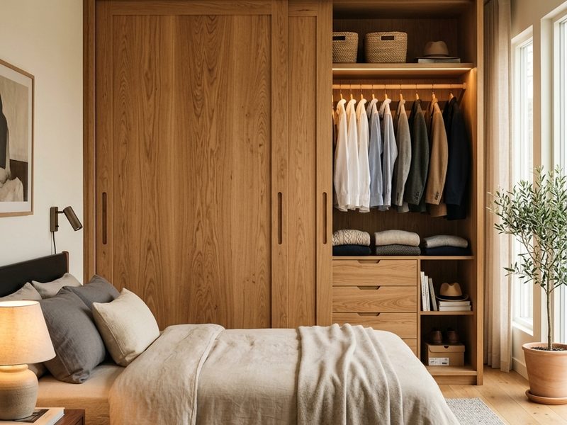 Armario a medida en madera natural con interior abierto en un dormitorio de Soria