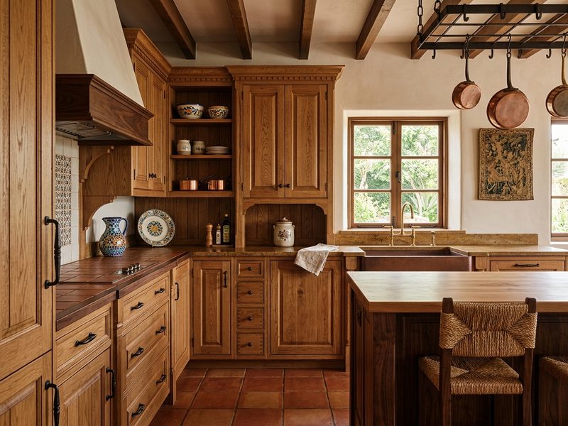 Cocina de madera maciza a medida con isla y vigas vistas en una vivienda de Soria