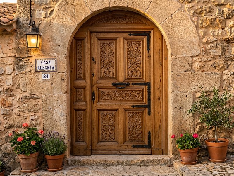 Puerta de entrada de madera maciza tallada instalada en una fachada de piedra en Soria